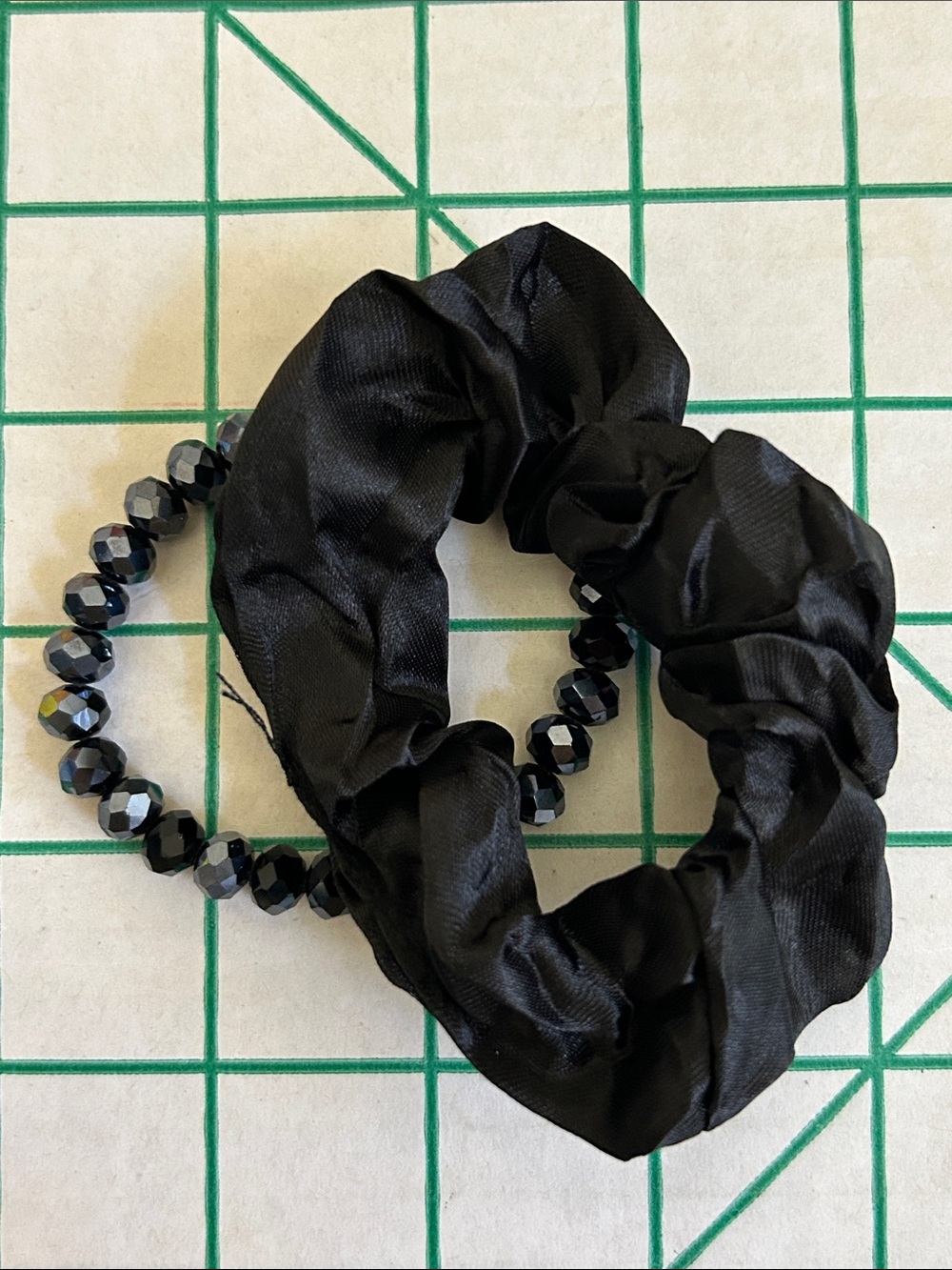 Black Satin Scrunchie and Faceted Bead Hair Tie Set